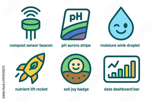 Smart‑garden icons linking beacon, stripe, droplet, rocket, badge, bar