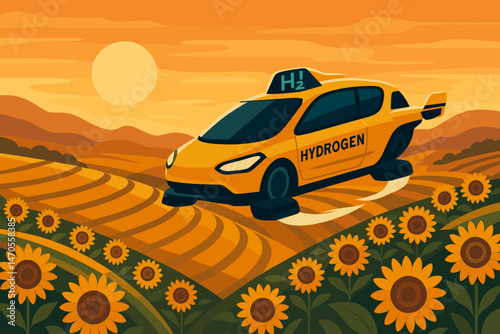 Flat future‑mobility scene with H₂ rotors, sunflower terraces, and warm sky