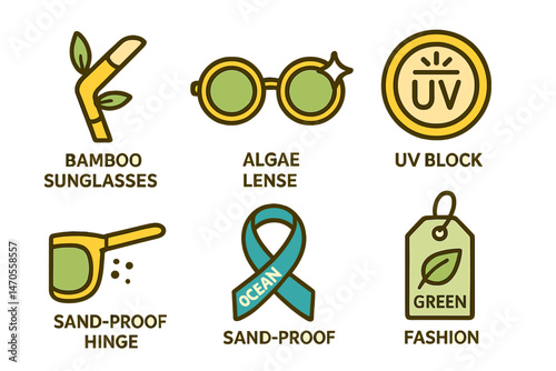 Eyewear‑eco icons linking arm, sparkle, badge, hinge, ribbon, tag