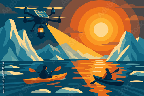 Flat adventure‑tech scene with drone beacon, kayaks, and bright horizon
