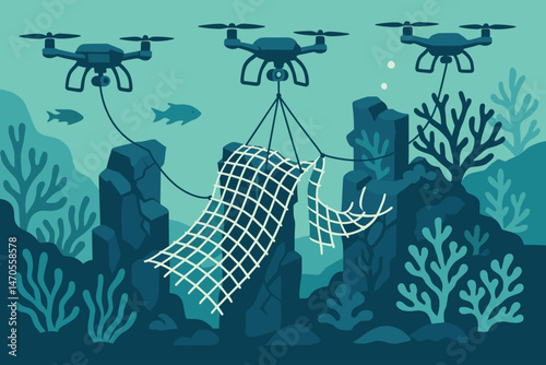 Flat marine‑tech scene with drones, mesh rolls, and coral debris