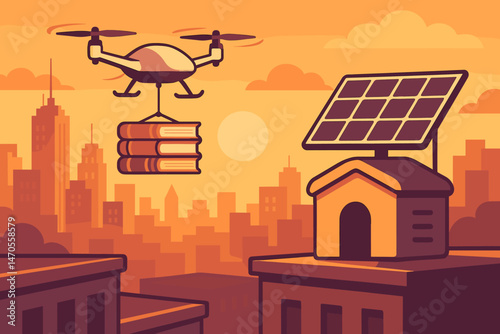 Flat logistics‑tech scene with drone hive station, book parcels, and orange skyline