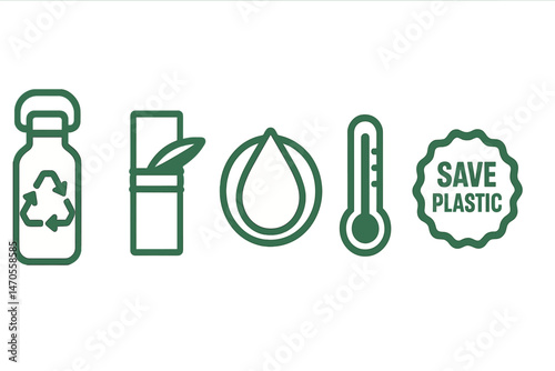 Bottle‑eco icons linking bottle, cap, ring, gauge, badge