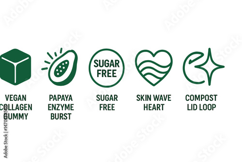 Wellness‑gummy icons merging cube, burst, seal, heart, loop, star
