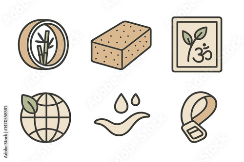 Yoga‑eco icons showing wheel, block, mantra, badge, arc, loop