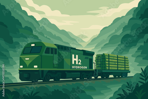 Flat transport‑green scene with H₂ locomotive, bamboo logs, and fog gorge