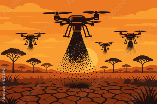 Flat climate‑tech scene with dust plume, acacia silhouettes, and orange sky