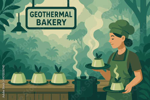 Flat dessert‑tech scene with green panna‑cotta cups, steam wisps, and liana backdrop