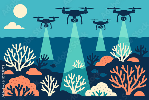 Flat reef‑tech scene with drones, purple scan beams, and aquamarine sea