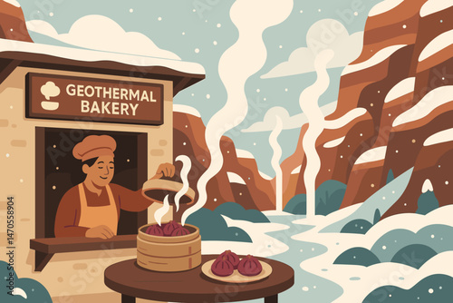 Flat food‑tech scene with pink bao, steam plumes, and canyon walls