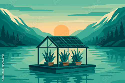 Flat ag‑tech scene with PV rafts, aloe rows, and golden peaks