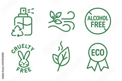 Perfume‑eco icons showing spritz, wave, badge, bunny, leaf, ribbon