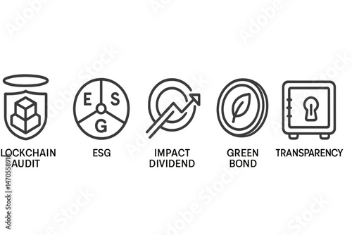 Impact‑finance icons merging halo, dial, arrow, coin, vault