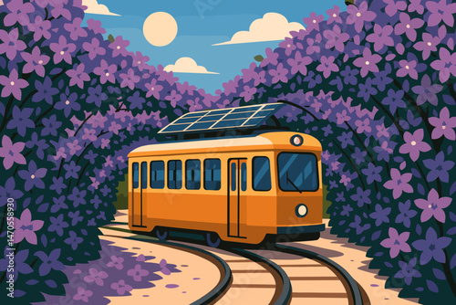 Flat green‑transport scene with PV tram, purple vines, and bright sky