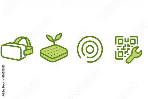 XR‑eco icons showing strap, pad, ripple, meter, QR badge