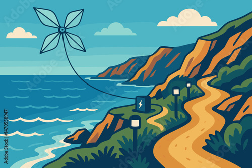 Flat adventure‑tech scene with kite line, glowing path markers, and crashing surf