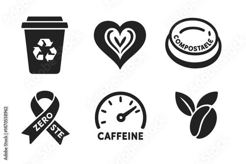 Café‑eco icons linking cup, heart, lid, ribbon, dial, mark