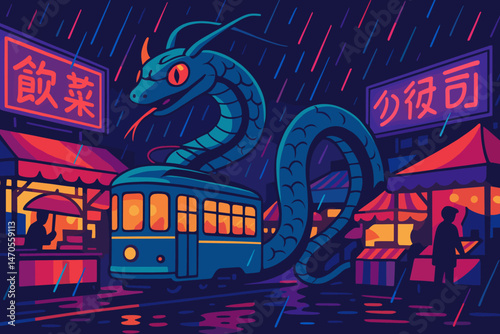 The urban tech landscape is depicted as flat, featuring an e-tram, neon stalls, and reflections on wet surfaces