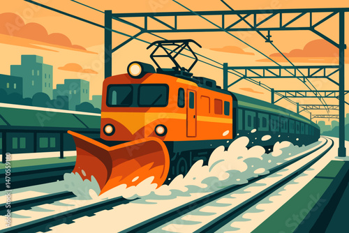 A winter rail scene with an electric plow, green roofs, and a soft pastel sky is depicted in a flat style