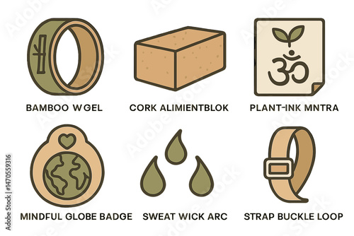Icons representing yoga and eco themes include a wheel, block, mantra, badge, arc, and loop