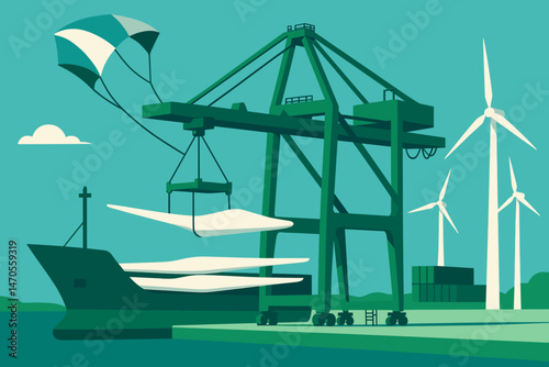 A flat shipping scene is set against a clean backdrop, complete with kite cables, blade stacks, and a harbor skyline