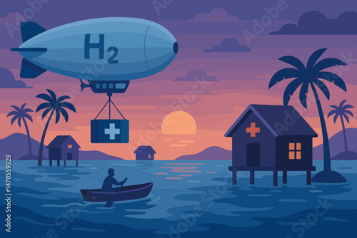 The aid-tech scene is depicted as flat, featuring an H₂ airship, a crate drop, and huts that are flooded