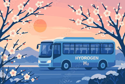 A hydrogen-powered bus is set against a backdrop of pale sky and pink blossoms in a clean mobility scene with a flat landscape