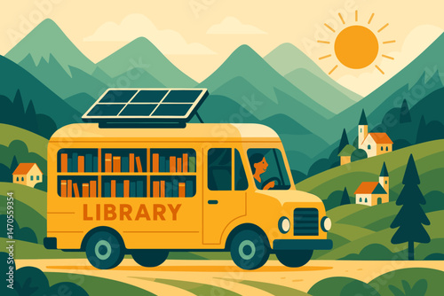 A scenic view of a flat educational setting incorporating greenery, photovoltaic panels, bookshelves, and a winding alpine road