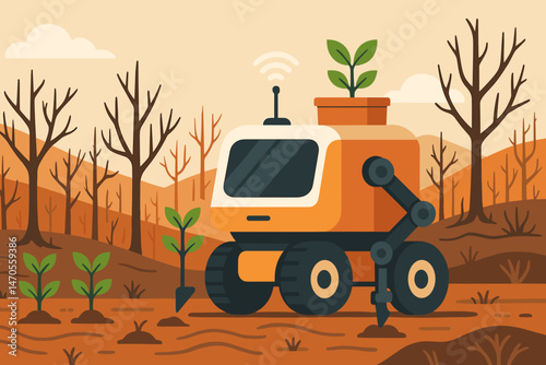 The scene depicts a flat area with an eco-robot, rover arms, seedlings, and slopes that have been charred