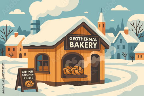 A flat scene of food-tech is characterized by golden knots, steam, and alpine houses