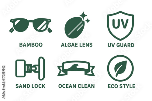 The eco icons for eyewear connect the frame, twinkle, badge, hinge, ribbon, and icon