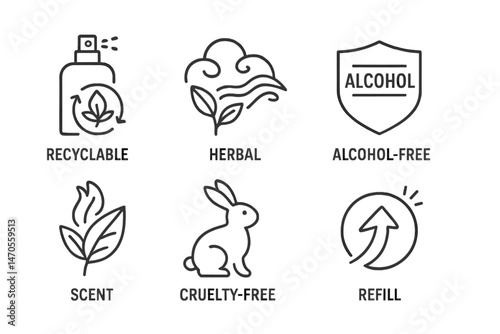 The icons of fragrance and ecology are combining spritz, wave, crest, bunny, leaf, and arrow