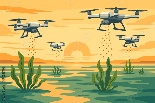 A flat marine‑tech landscape features drone mist, tidal flat pools, and an orange horizon