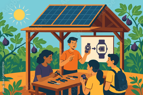 The scene features a flat circular layout incorporating technology, photovoltaic shade, worktables for tools, and fig trees