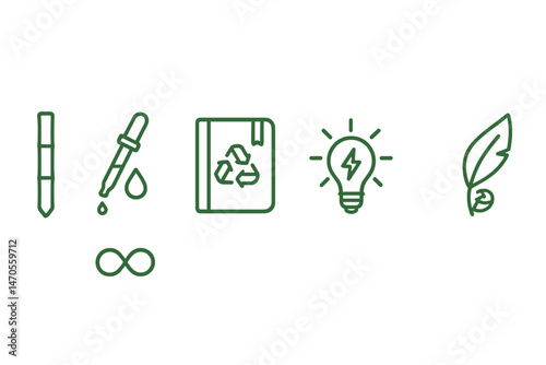 Eco‑friendly stationery icons featuring a pen, pipette, journal, flash, loop, and emblem are displayed