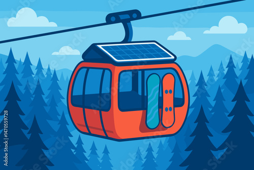 The adventure-tech scene is flat and features PV cabins, snowboard racks, and deep blue pines