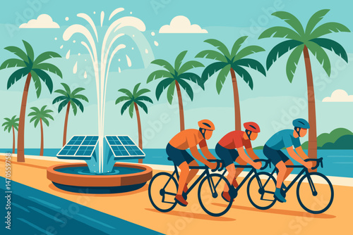 The sport-tech scene is flat and features PV shade, mist jets, cyclists, and palms