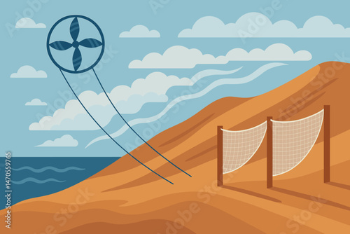 The water-tech scene is depicted as flat, complete with a kite cable, mesh nets, and fog that drifts lazily by