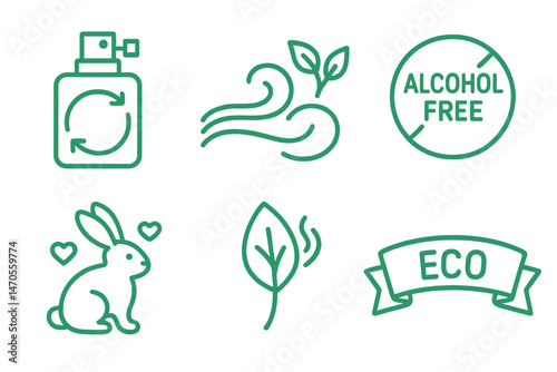 Icons for eco-friendly perfumes include images of spritz, wave, badge, bunny, leaf, and ribbon