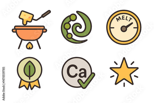 Icons representing fondue are depicted with various symbols including flame, swirl, dial, badge, tick, and star