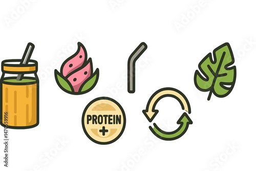 The smoothie-eco icons feature symbols such as a jar, swirl, straw, badge, loop, and leaf