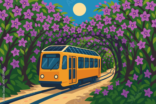 The scene depicts a flat landscape of green transportation, featuring a tram powered by photovoltaics, surrounded by purple vines, and set against a bright sky
