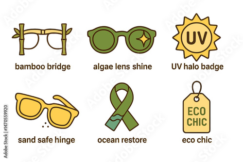 Icons of eyewear-eco that display bridge, shine, badge, hinge, ribbon, and tag are shown
