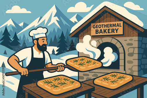 The food-tech scene is depicted as flat, complete with herb bread, steam vents, and an alpine hut