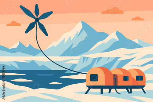 The scene features a flat polar landscape with a kite line, research pods, and a pastel-colored sky