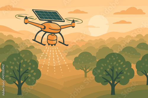 A flat landscape of farm technology featuring drones, mist sprayers, and rows of orchard trees