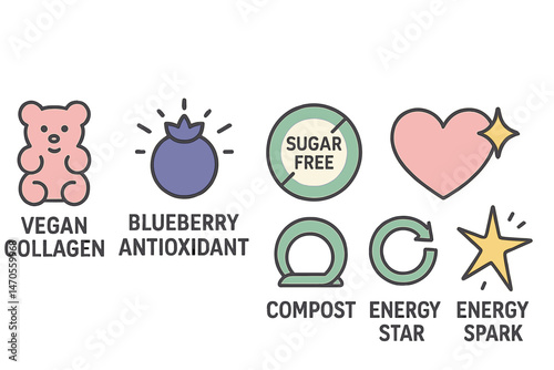Icons of gummy wellness are merging with symbols like bear, burst, badge, heart, loop, and star