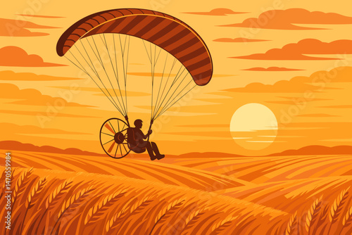 The image features a serene flat agri-flight scene complete with an e-paraglider soaring above wheat waves under an orange sky