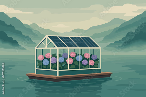The flat agricultural technology scene includes PV rafts, blue flowers, and is bounded by a volcanic rim