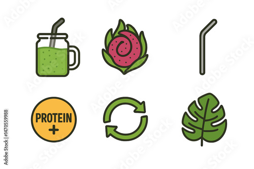 Eco-friendly smoothie icons depict a jar, swirl, straw, badge, loop, and leaf